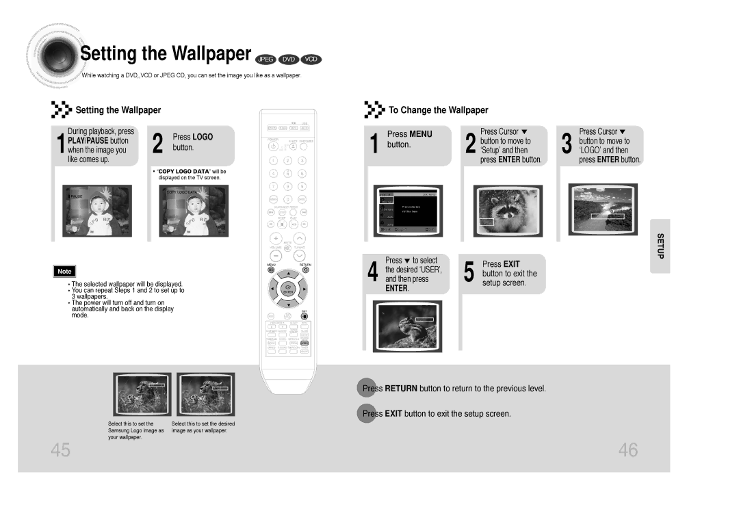 Samsung MAX-DX79 Setting the Wallpaper Jpeg DVD VCD, Press Menu, 1PLAY/PAUSE button when the image you like comes up 