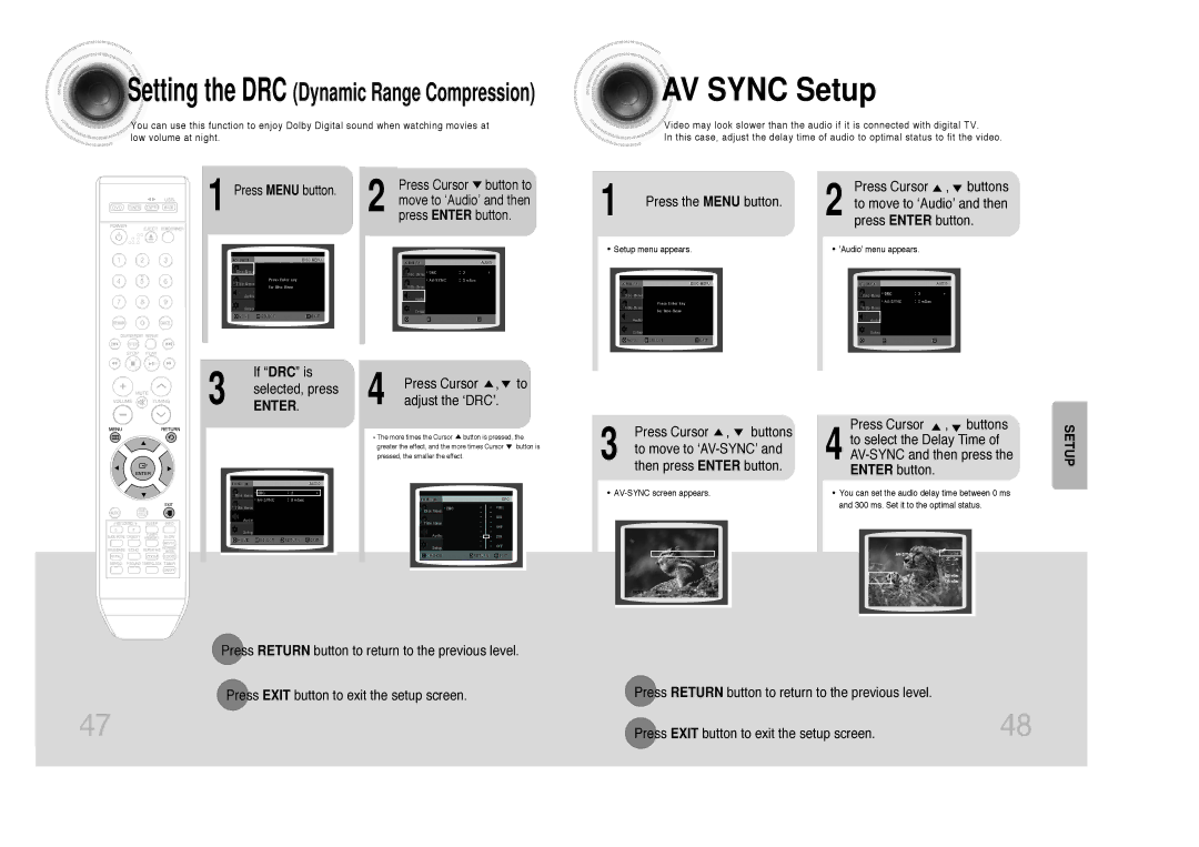 Samsung MAX-DX75, MAX-DX79, MAX-DX76 AV Sync Setup, If DRC is Selected, press, Enter, Press Cursor , to adjust the ‘DRC’ 