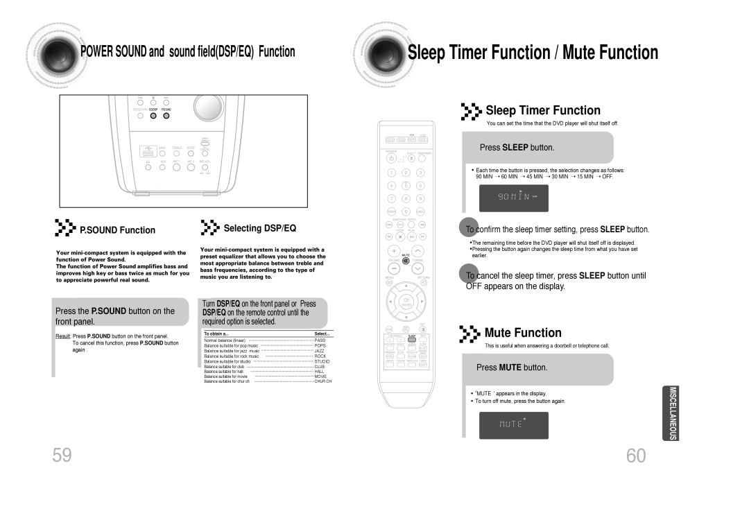 Samsung MAX-DX75, MAX-DX79, MAX-DX76 Press Sleep button, Press the P.SOUND button on the front panel, Press Mute button 