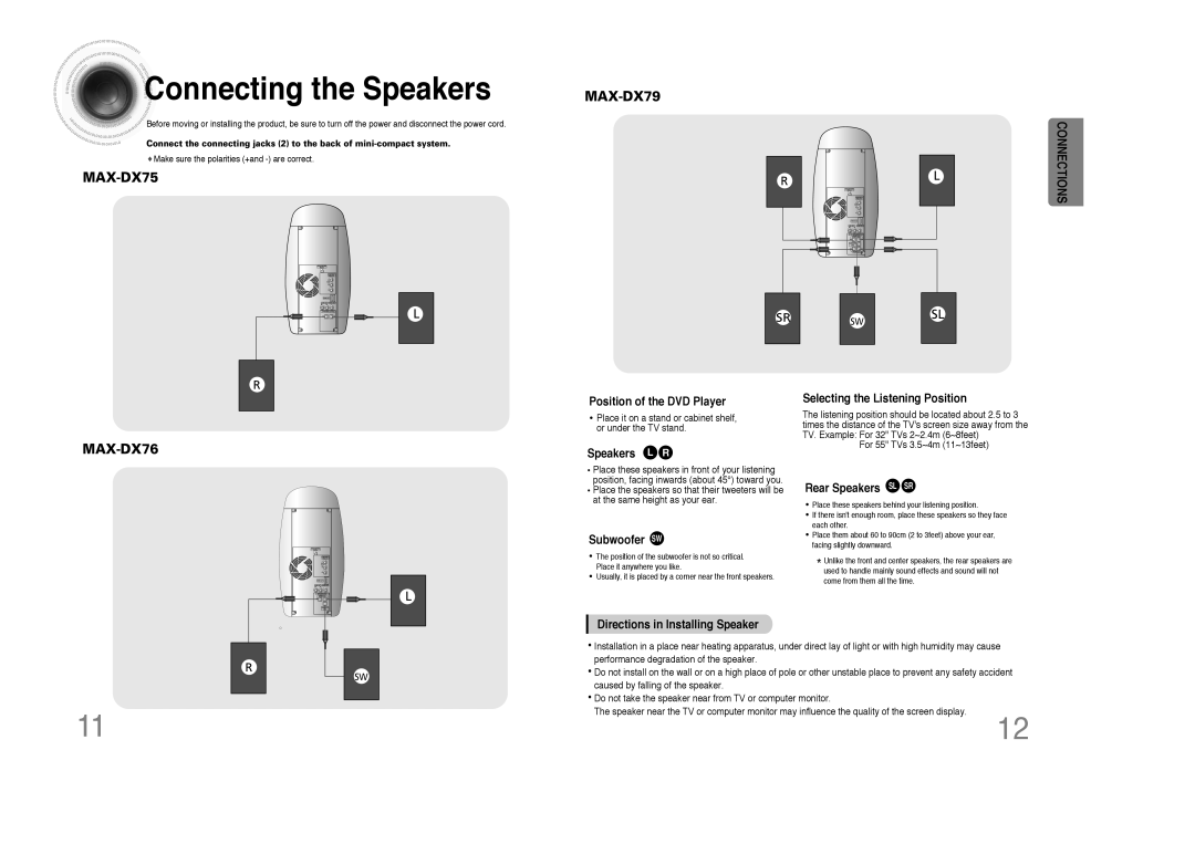 Samsung MAX-DX75, MAX-DX79, MAX-DX76 instruction manual Connecting the Speakers 