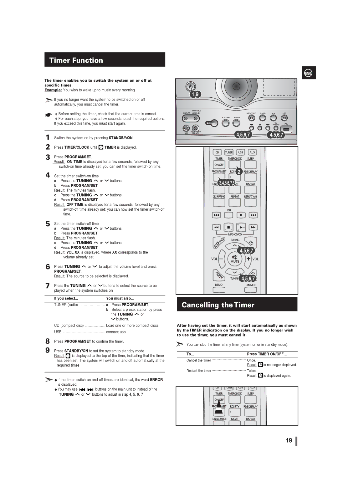 Samsung MAX-G55R/EDC manual Timer Function, Cancelling the Timer, If you select You must also, Tuning, Press Timer ON/OFF 