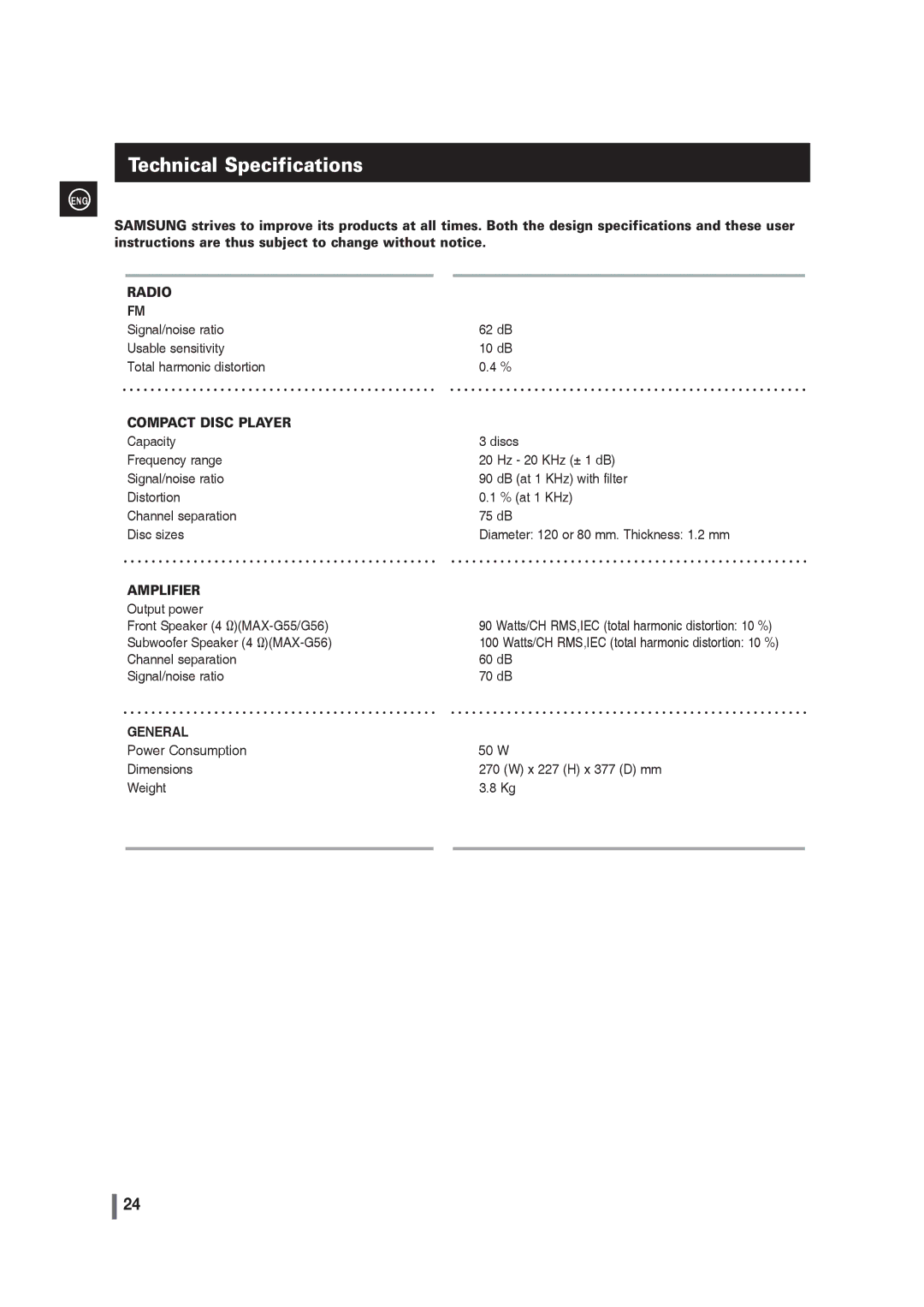 Samsung MAX-G55R/EDC manual Technical Specifications, Compact Disc Player 