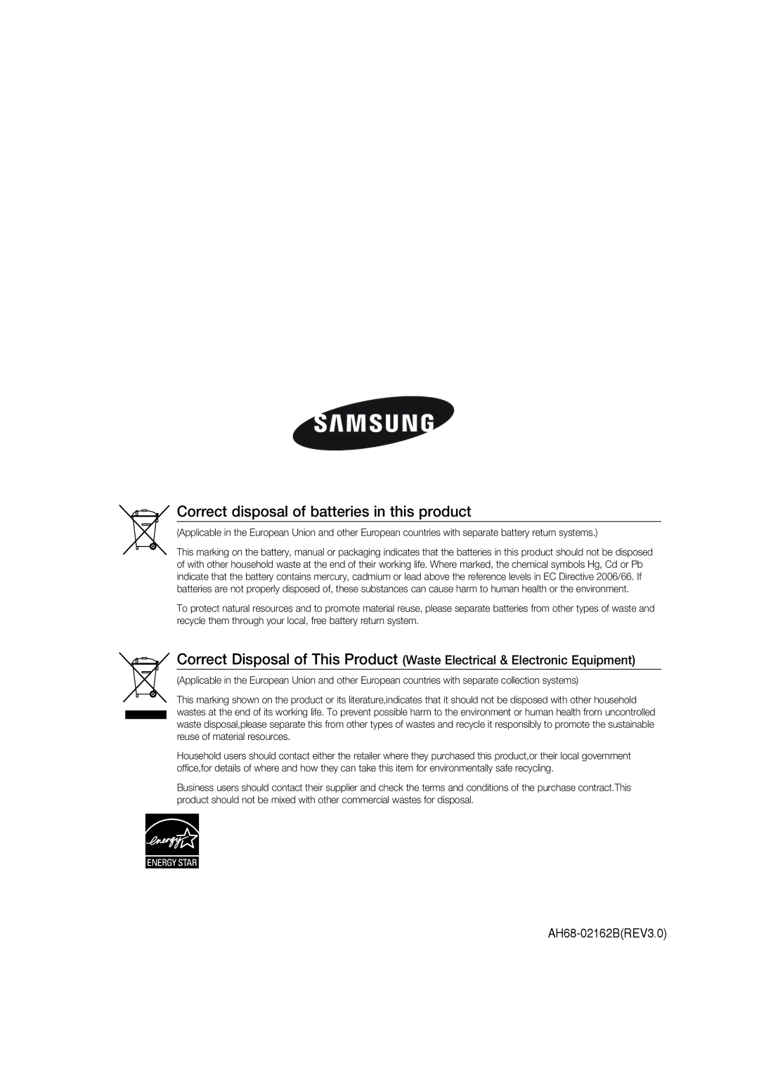 Samsung MAX-G55R/EDC manual Correct disposal of batteries in this product 