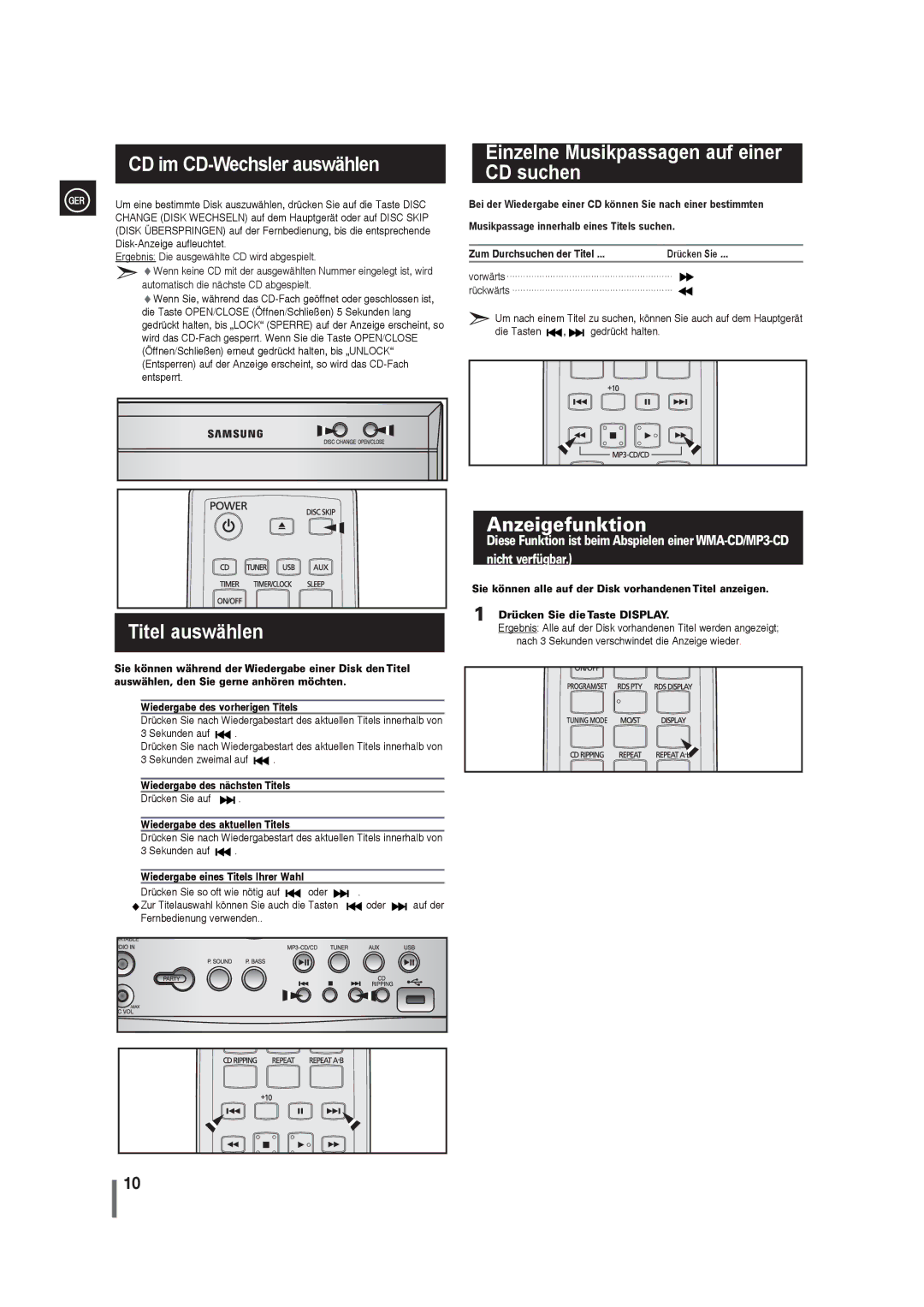 Samsung MAX-G55R/EDC manual CD im CD-Wechsler auswählen, Einzelne Musikpassagen auf einer CD suchen, Titel auswählen 