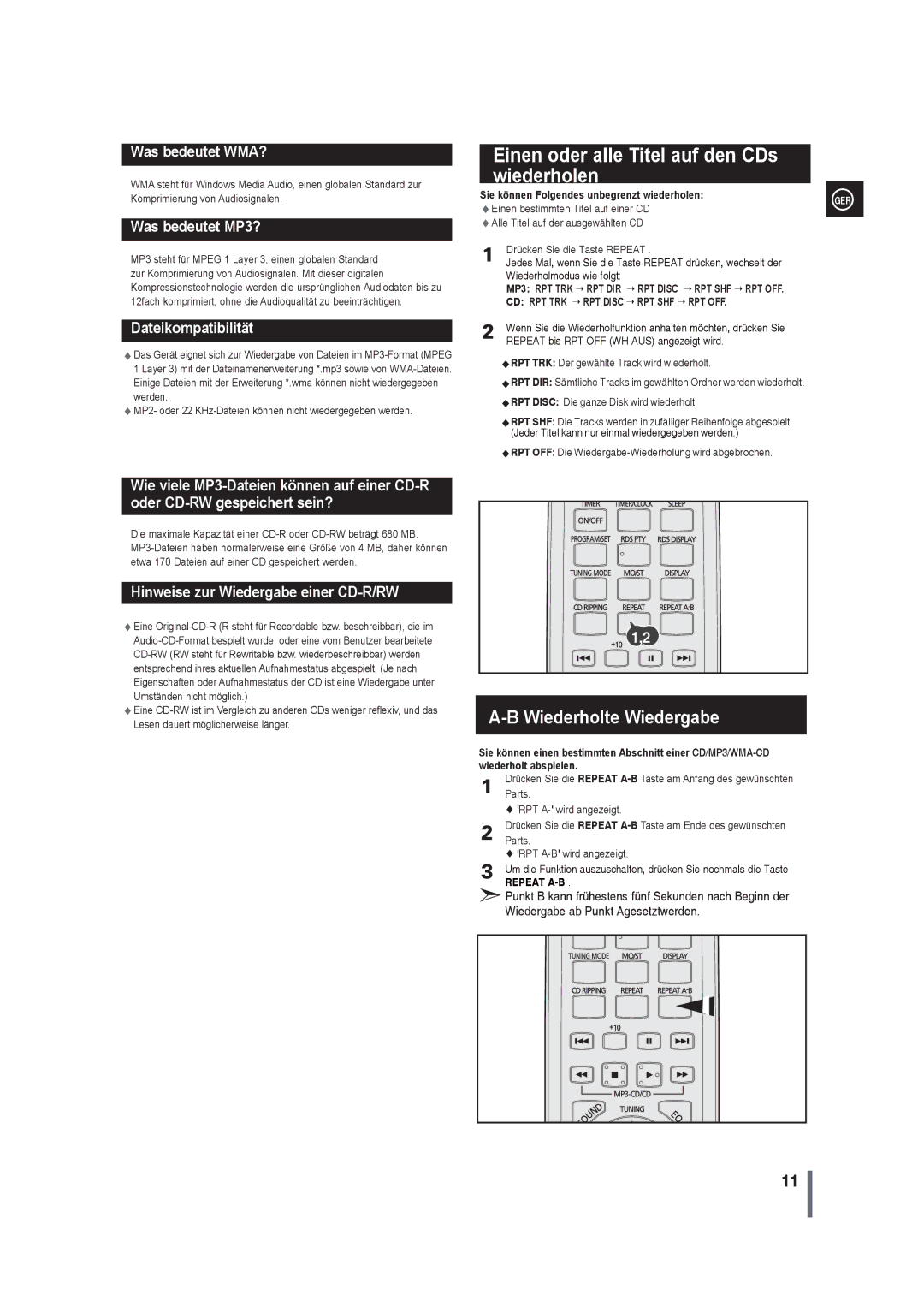 Samsung MAX-G55R/EDC manual Einen oder alle Titel auf den CDs wiederholen, Sie können Folgendes unbegrenzt wiederholen 