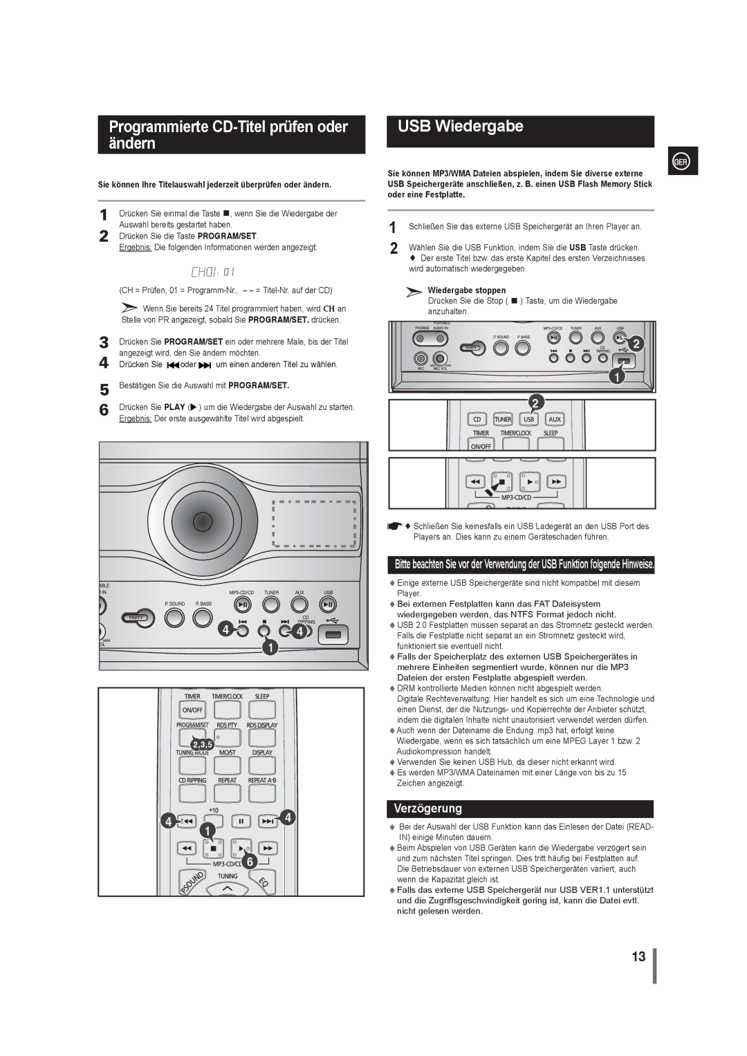 Samsung MAX-G55R/EDC manual Programmierte CD-Titel prüfen oder ändern, USB Wiedergabe, Wird automatisch wiedergegeben 