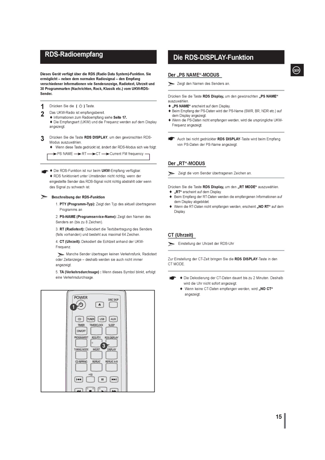 Samsung MAX-G55R/EDC manual RDS-Radioempfang, Die RDS-DISPLAY-Funktion, Beschreibung der RDS-Funktion 