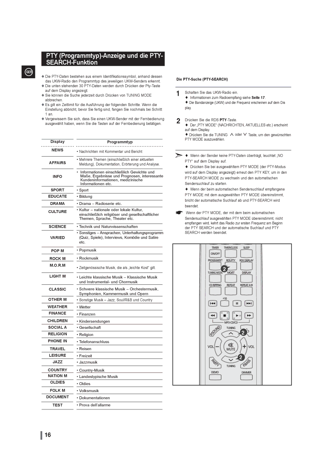 Samsung MAX-G55R/EDC manual Die PTY-Suche PTY-SEARCH, Display, Programmtyp 