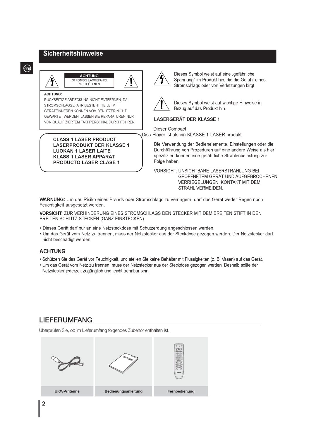 Samsung MAX-G55R/EDC manual Sicherheitshinweise, UKW-Antenne Bedienungsanleitung Fernbedienung 