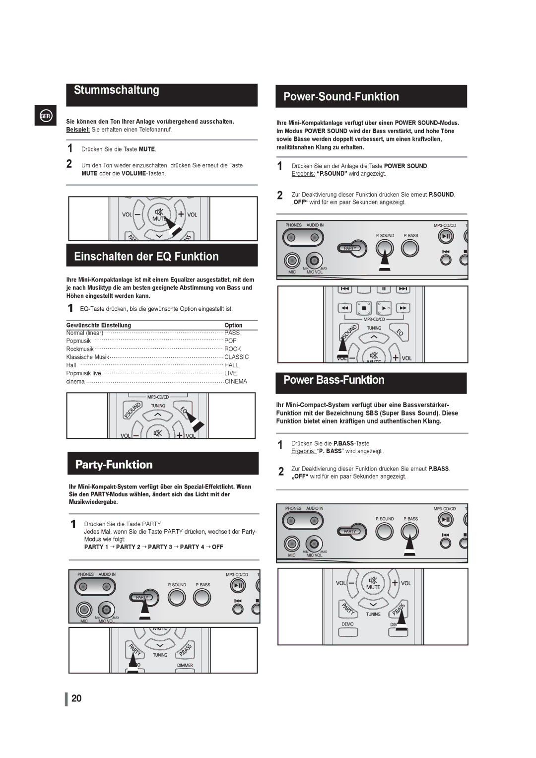 Samsung MAX-G55R/EDC Stummschaltung, Einschalten der EQ Funktion, Power-Sound-Funktion, Power Bass-Funktion Party-Funktion 