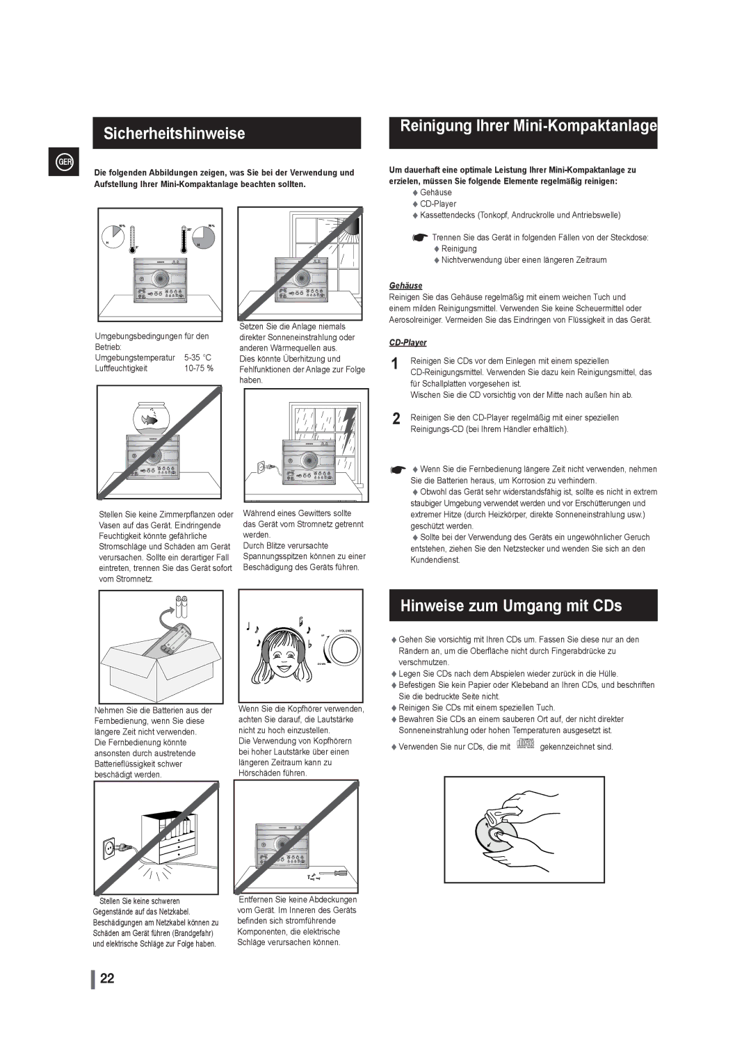 Samsung MAX-G55R/EDC manual Reinigung Ihrer Mini-Kompaktanlage, Hinweise zum Umgang mit CDs 