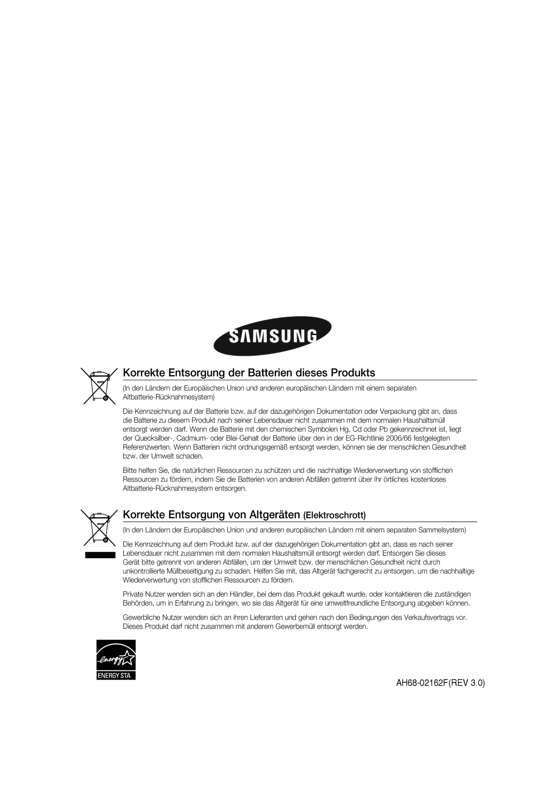 Samsung MAX-G55R/EDC manual Korrekte Entsorgung der Batterien dieses Produkts 