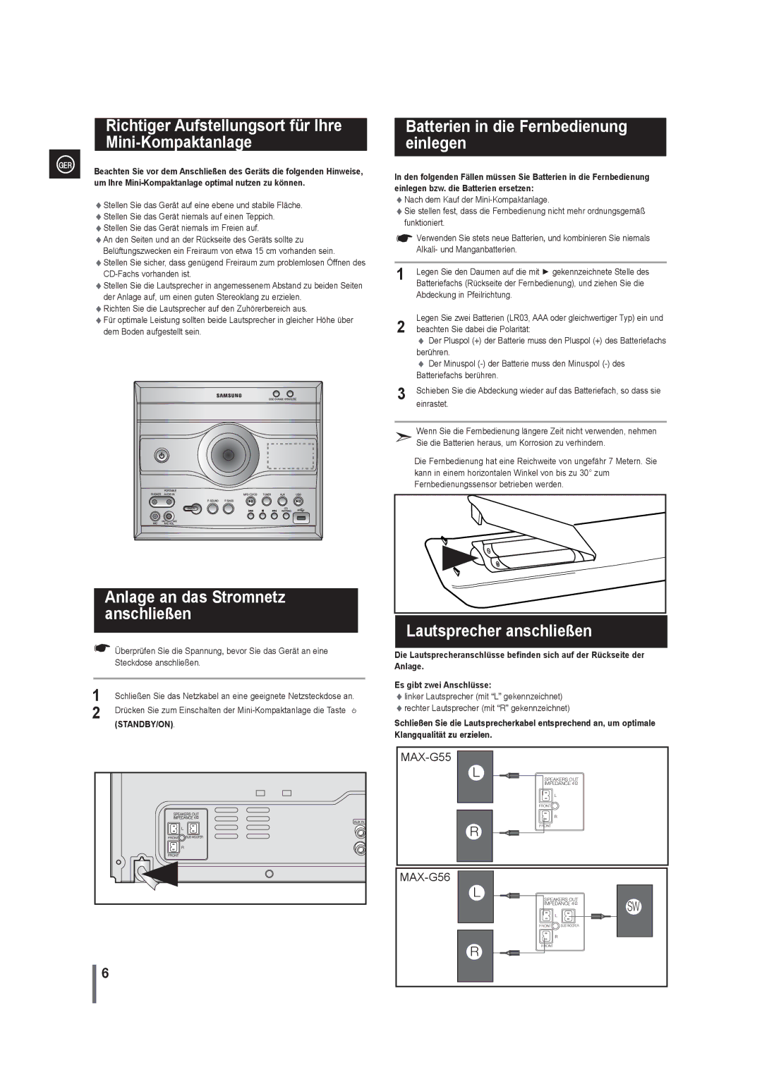 Samsung MAX-G55R/EDC manual Richtiger Aufstellungsort für Ihre Mini-Kompaktanlage, Anlage an das Stromnetz anschließen 