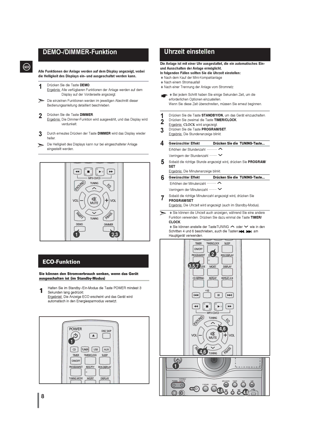 Samsung MAX-G55R/EDC manual DEMO-/DIMMER-Funktion, Uhrzeit einstellen 