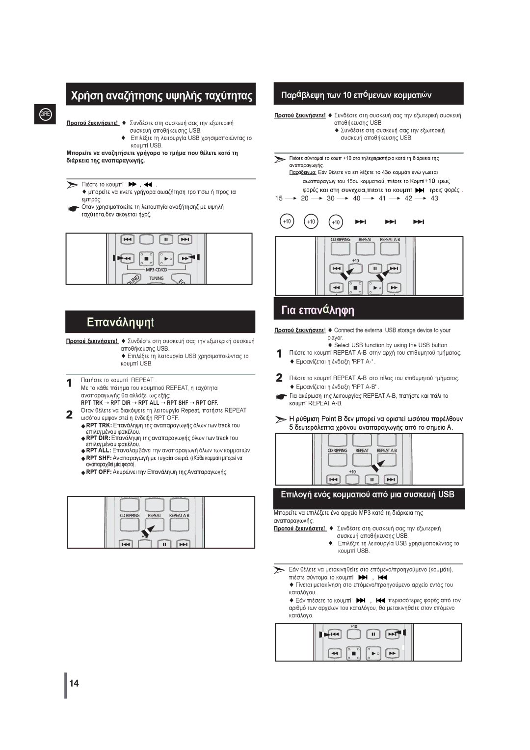 Samsung MAX-G55R/EDC manual Χρήση αναζήτησης υψηλής ταχύτητας, Πατήστε το κουμπί Repeat, Αναπαραγωγής θα αλλάξει ως εξής 