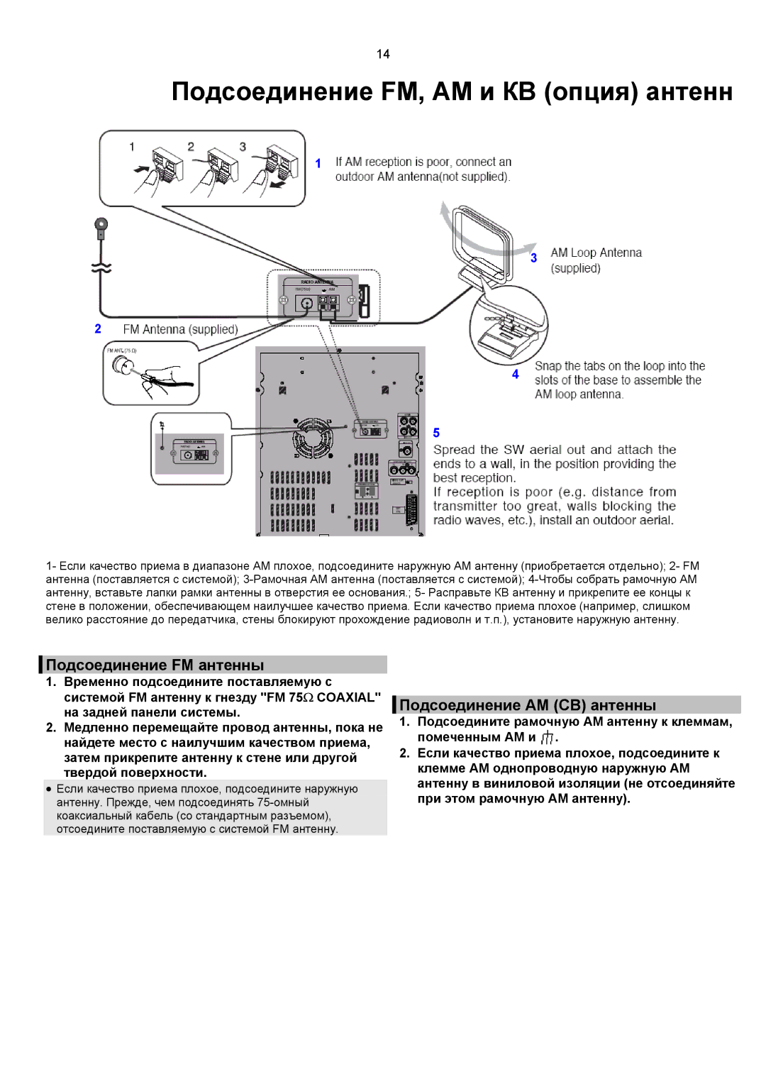 Samsung MAX-KC650Q/XFO manual Подсоединение FM, AM и КВ опция антенн, Подсоединение FM антенны, Подсоединение AM СВ антенны 