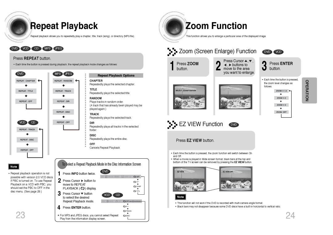 Samsung MAX-KC650Q/XFO manual Repeat Playback, Zoom Function, Press Repeat button, Press Enter button, Press EZ View button 