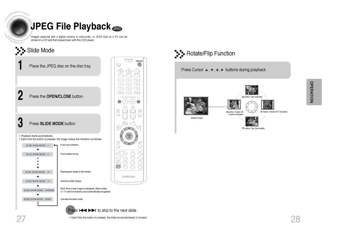 Samsung MAX-KC650Q/XFO manual Jpeg File Playback Jpeg, Press Slide Mode button, Press Cursor , , , buttons during playback 