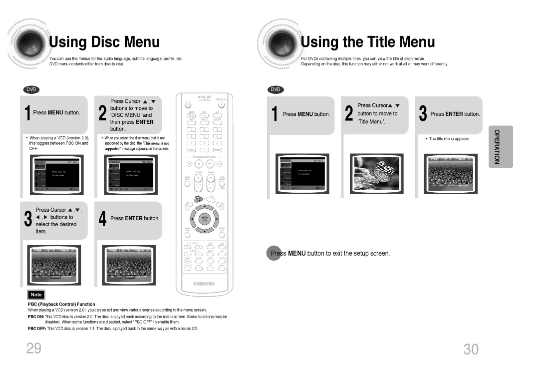 Samsung MAX-KC650Q/XFO manual Using Disc Menu, Using the Title Menu, Press Menu button to exit the setup screen 