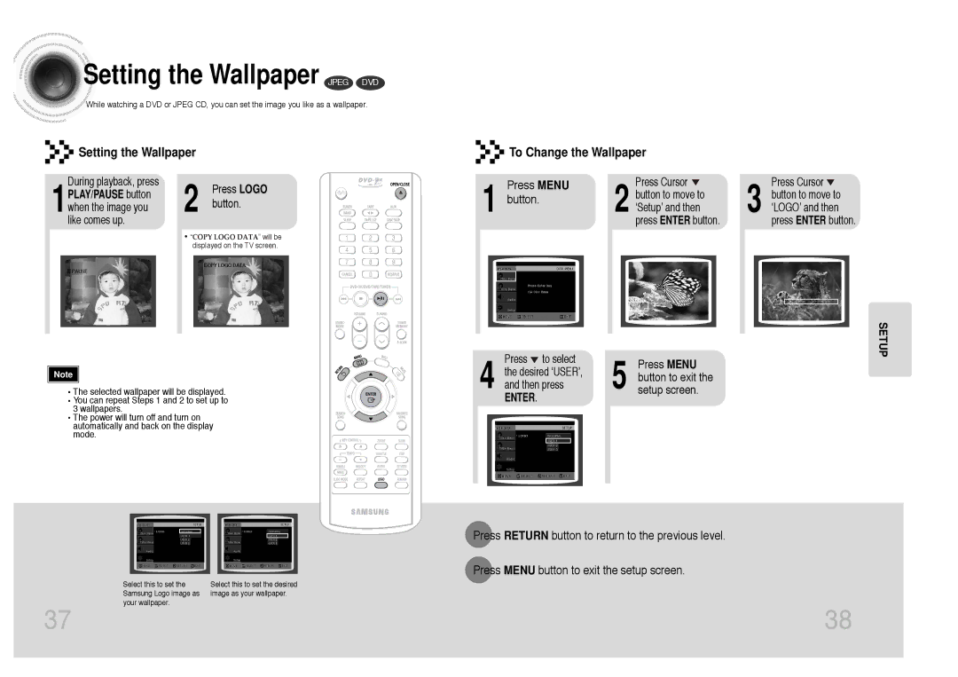 Samsung MAX-KC650Q/XFO manual Setting the Wallpaper Jpeg DVD, Setting the Wallpaper To Change the Wallpaper, Press Menu 