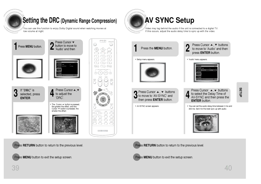 Samsung MAX-KC650Q/XFO manual AV Sync Setup, Press the Menu button, If DRC is selected, press, Enter 