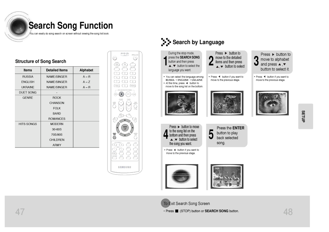 Samsung MAX-KC650Q/XFO manual Search Song Function, Search by Language, Structure of Song Search, Press button to 