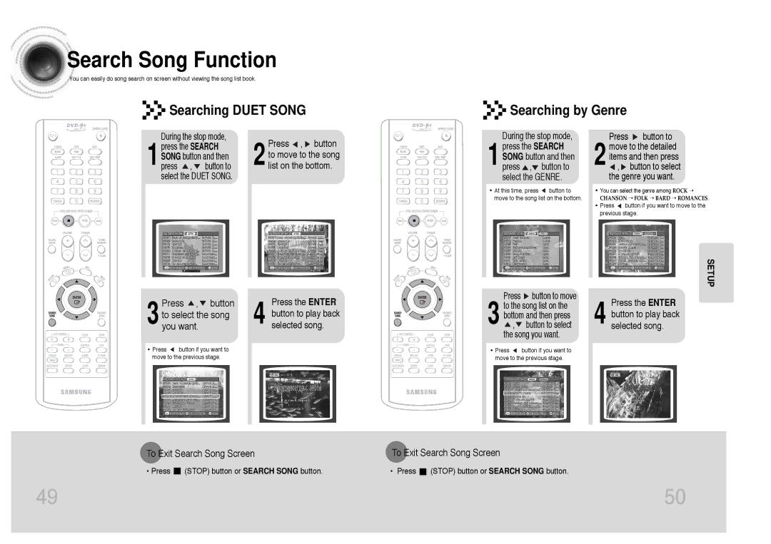 Samsung MAX-KC650Q/XFO manual Search Song Function, Searching Duet Song Searching by Genre 