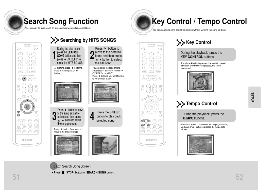 Samsung MAX-KC650Q/XFO Searching by Hits Songs Key Control, Tempo Control, During the playback, press the Tempo buttons 