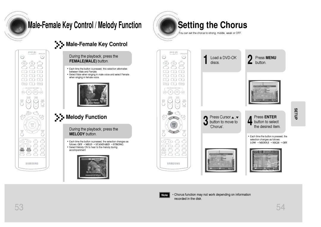 Samsung MAX-KC650Q/XFO Setting the Chorus, Male-Female Key Control, Melody Function, Femalemale button, Melody button 