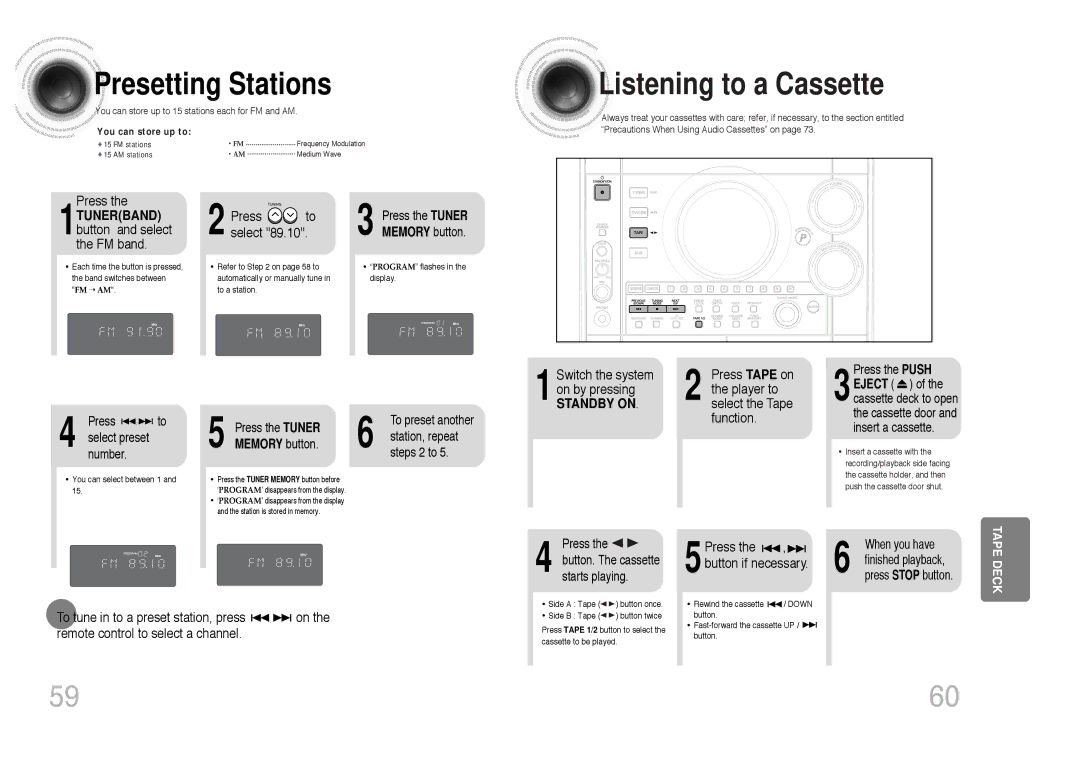 Samsung MAX-KC650Q/XFO manual Presetting Stations, 1TUNERBAND button and select the FM band, Press to select, Standby on 