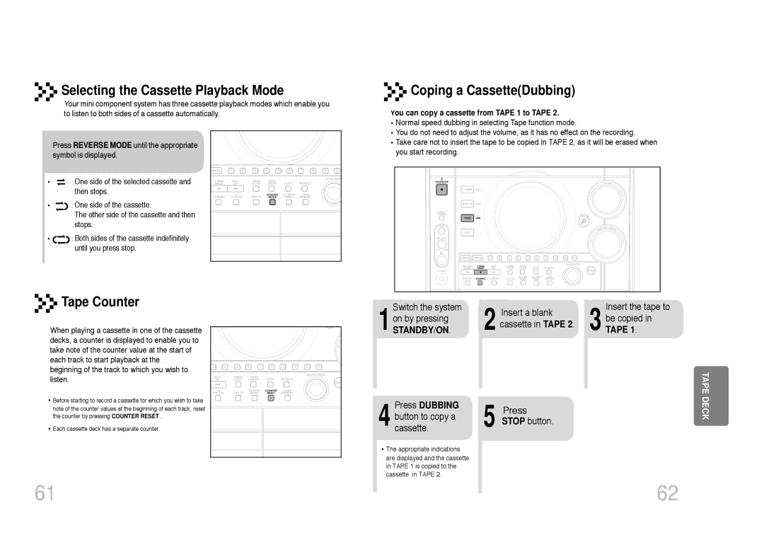 Samsung MAX-KC650Q/XFO manual Selecting the Cassette Playback Mode, Coping a CassetteDubbing, Tape Counter, Standby/On 