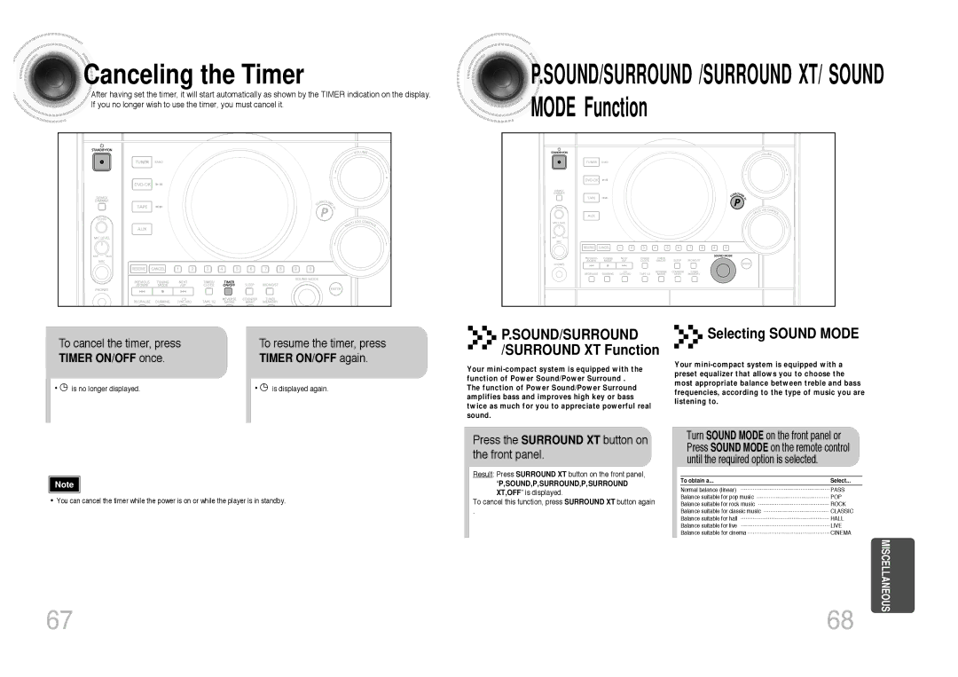 Samsung MAX-KC650Q/XFO manual Canceling the Timer, Mode Function, Press the Surround XT button on the front panel 