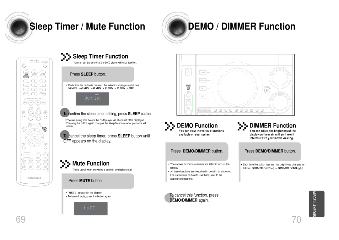 Samsung MAX-KC650Q/XFO Sleep Timer / Mute Function, Sleep Timer Function, Demo Function Dimmer Function, DEMO/DIMMER again 