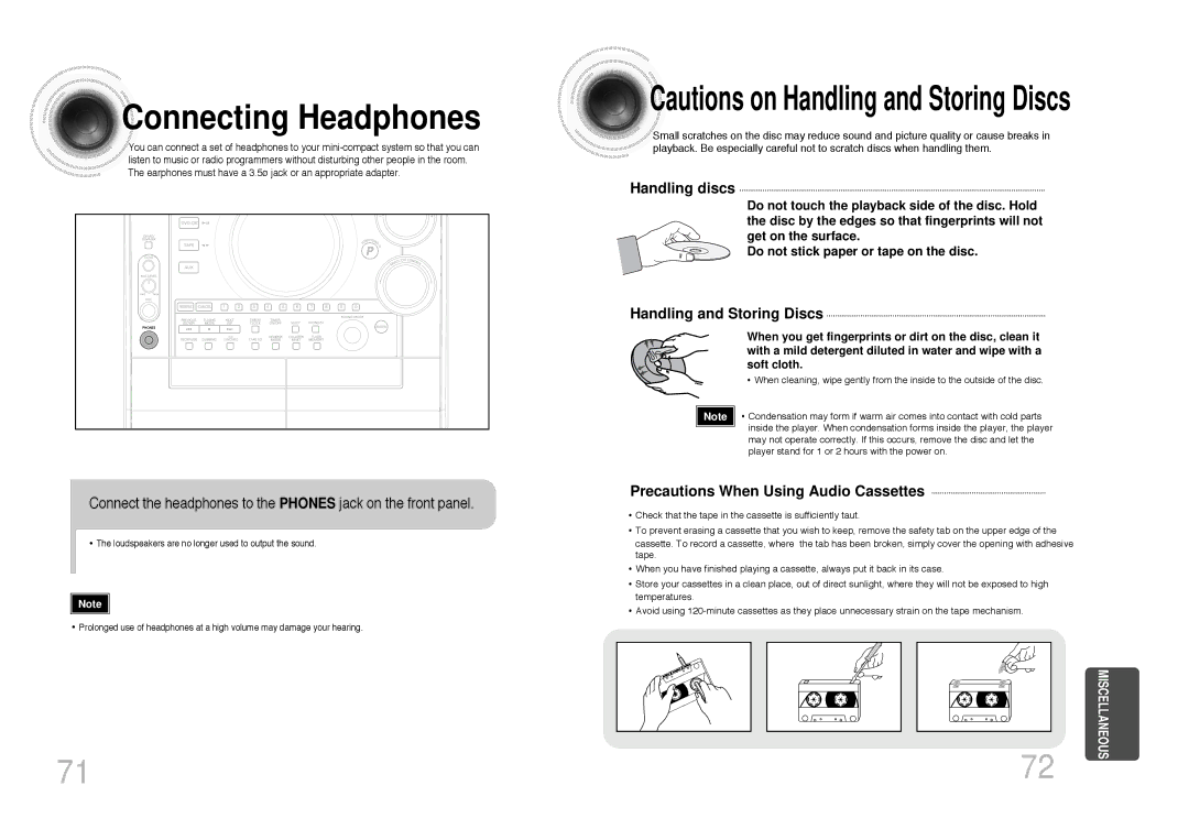 Samsung MAX-KC650Q/XFO manual Connecting Headphones, Handling discs, Handling and Storing Discs 