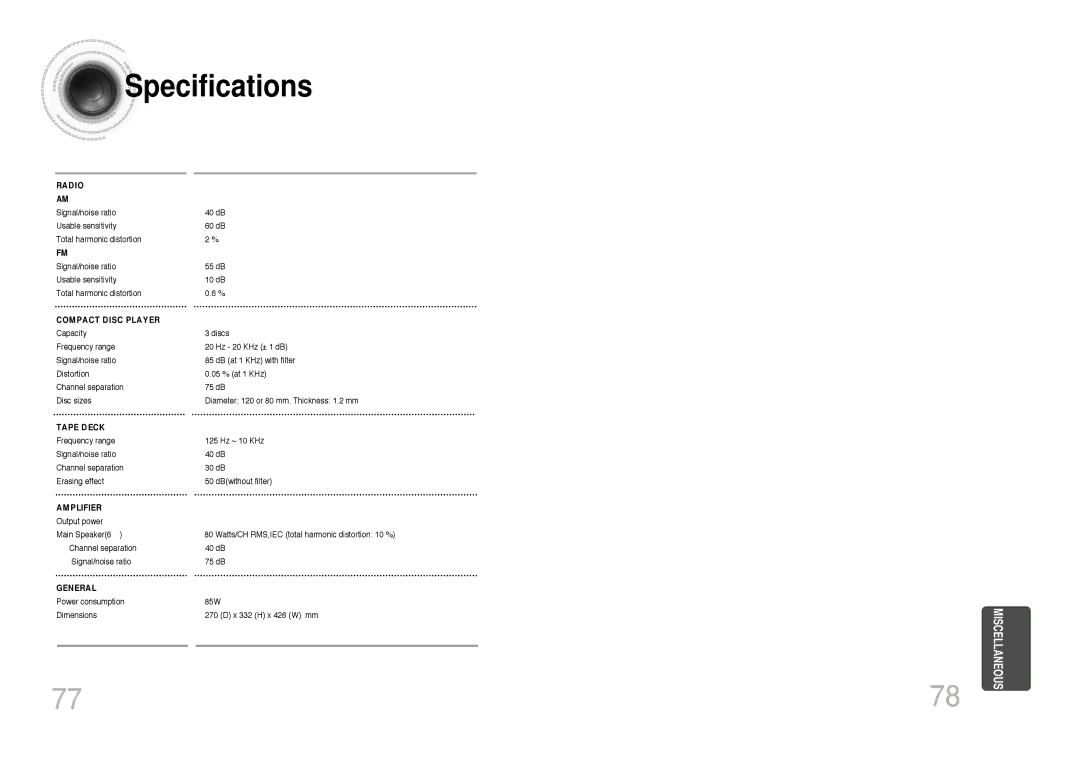 Samsung MAX-KC650Q/XFO manual Specifications, Compact Disc Player 