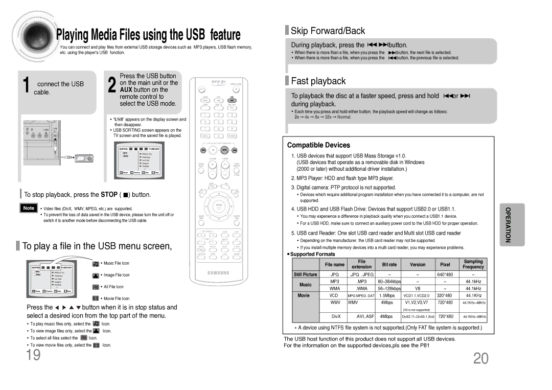 Samsung MAX-KC930Q/XFO manual Compatible Devices, Cable.connect the USB, To stop playback, press the Stop button 