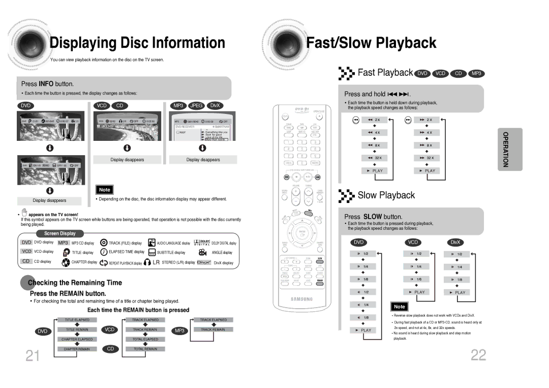 Samsung MAX-KC930Q/XFO manual Fast/Slow Playback, Displaying Disc Information, Checking the Remaining Time 