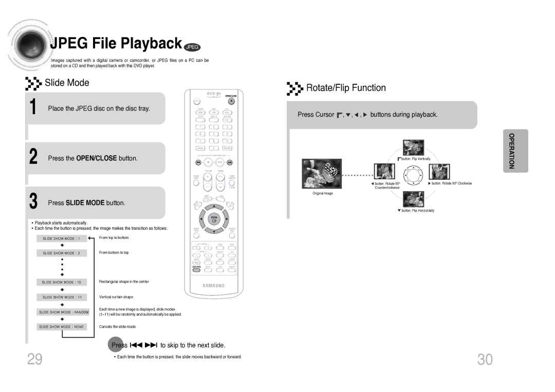 Samsung MAX-KC930Q/XFO manual Jpeg File Playback Jpeg, Press Slide Mode button, Press Cursor , , , buttons during playback 