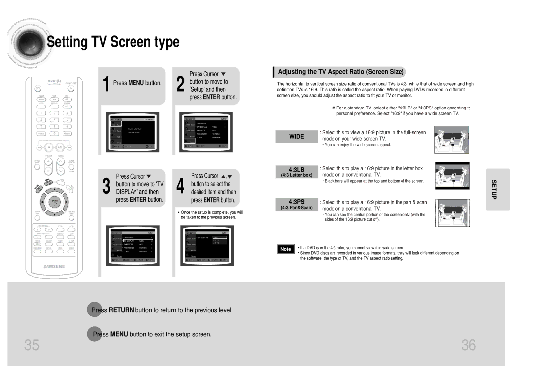 Samsung MAX-KC930Q/XFO manual Adjusting the TV Aspect Ratio Screen Size, Setup, Letter box, 43 Pan&Scan 