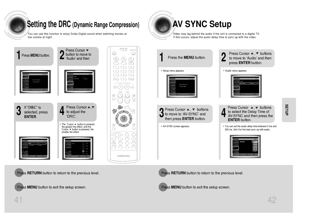 Samsung MAX-KC930Q/XFO manual AV Sync Setup, Press the Menu button, If DRC is selected, press, Enter 