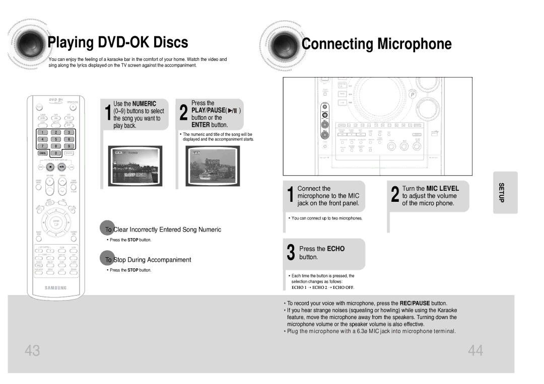 Samsung MAX-KC930Q/XFO manual Playing DVD-OK Discs, Connecting Microphone 