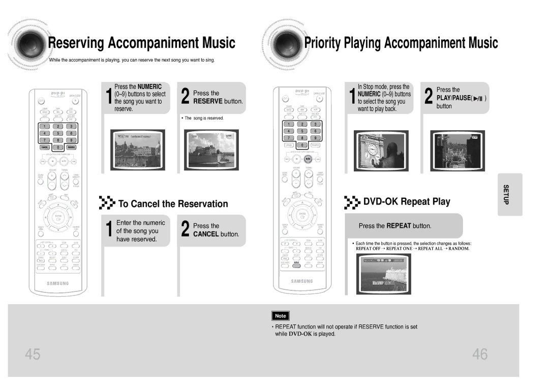 Samsung MAX-KC930Q/XFO manual To Cancel the Reservation, DVD-OK Repeat Play, Reserve button, Press the Repeat button 