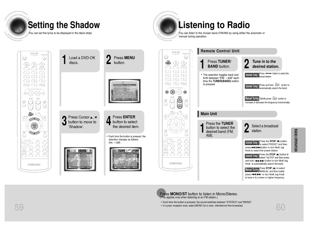 Samsung MAX-KC930Q/XFO manual Listening to Radio, Setting the Shadow, Radio Operation 