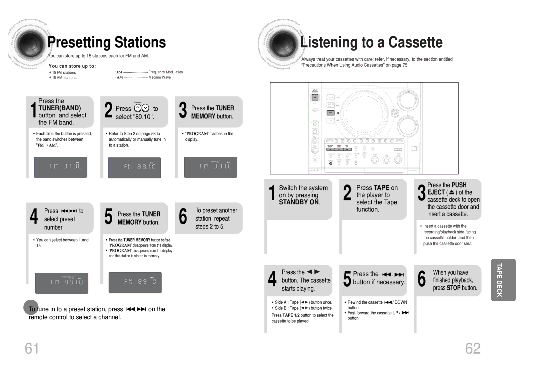 Samsung MAX-KC930Q/XFO manual Presetting Stations, 1TUNERBAND button and select the FM band, Press to select, Standby on 