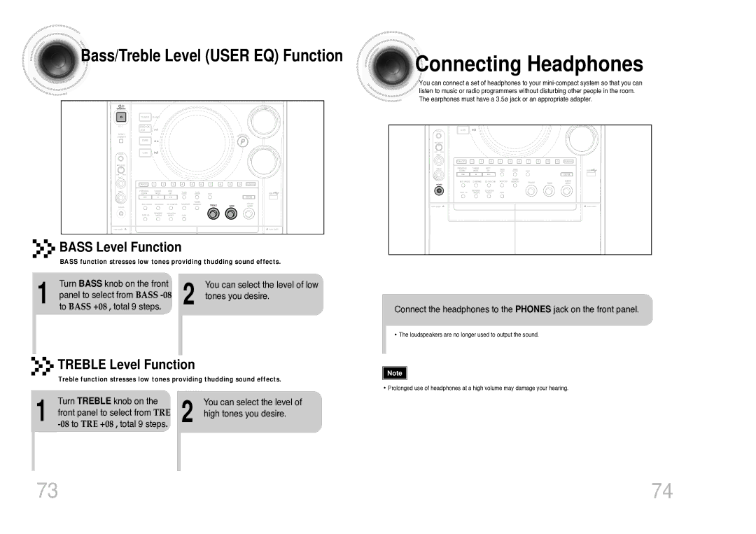 Samsung MAX-KC930Q/XFO Connecting Headphones, Bass Level Function, Treble Level Function, Turn Bass knob on the front 