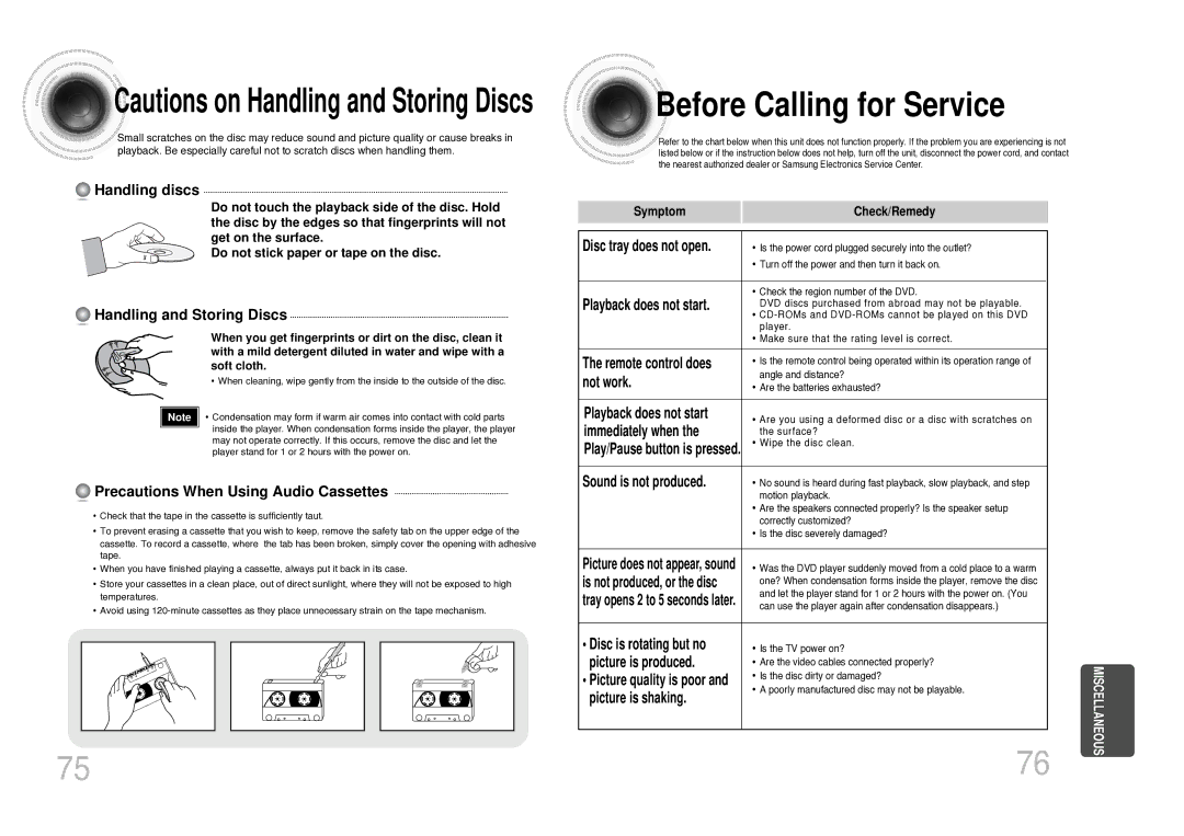 Samsung MAX-KC930Q/XFO manual Before Calling for Service, Handling discs, Handling and Storing Discs 