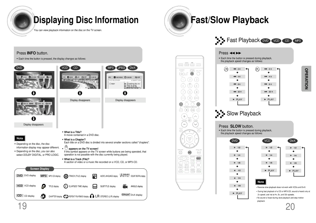 Samsung MAX-KT55Q/XFU manual Fast/Slow Playback, Displaying Disc Information, Press Info button, Press Slow button 