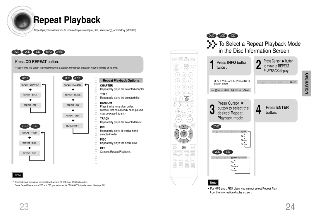 Samsung MAX-KT55Q/XFU manual Repeat Playback, Press CD Repeat button, Press Info button twice, Press Enter button 