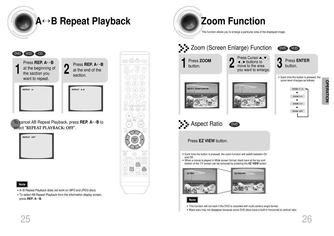 Samsung MAX-KT55Q/XFU manual ↔ B Repeat Playback Zoom Function, Press REP. A↔ B 