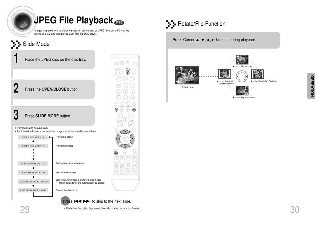 Samsung MAX-KT55Q/XFU manual Jpeg File Playback Jpeg, Press Slide Mode button, Press Cursor , , , buttons during playback 